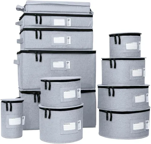 Miniatura 15 de Juego de 8 cajas de almacenamiento de China para vajilla, vasos, platos, tazas y platillos, organizador de platos resistente con divisores para Beige