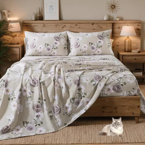 Miniatura 48 de FADFAY Juego de sábanas de cama con estampado floral amarillo, de algodón, tamaño King, suaves, transpirables, estilo Shabby Coquette, con bolsillo