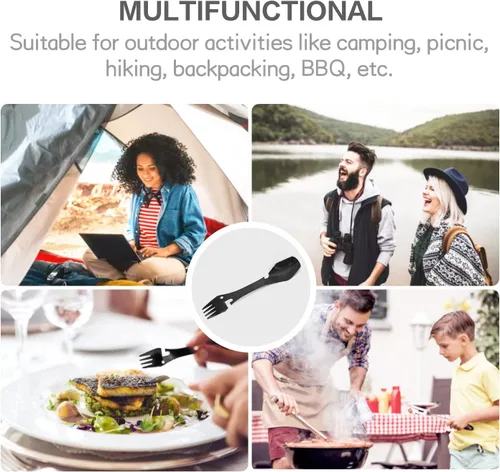 Miniatura 7 de Paquete de 2 cucharas de tenedor multifunción de acero inoxidable 5 en 1, tenedor y cuchillo, abrelatas y utensilios de campamento para picnic