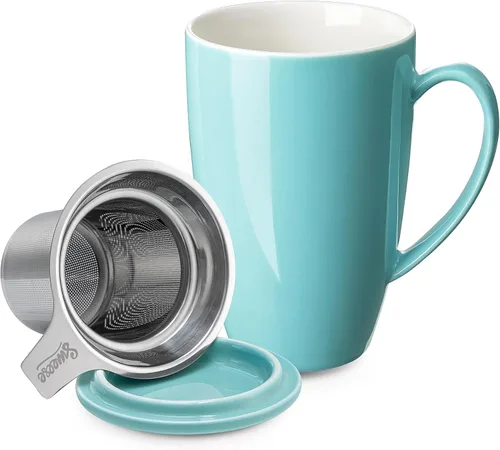 Sweese Taza de té de porcelana de 15 onzas con infusor y tapa, apta para microondas, mango ergonómico, esmalte sin plomo, para té de hojas sueltas