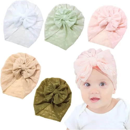 Miniatura 10 de Newborn Babies Headwrap Hat Infant Toddler Cotton Soft Cute Nursery Beanie Headbands Top Bowknot Cap 5 piezas flor/3-3 años