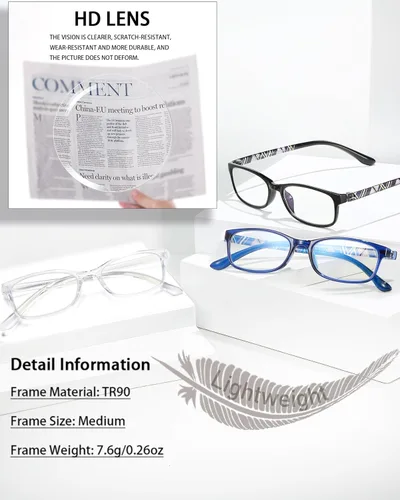 Miniatura 7 de EYEURL Lentes de lectura para mujeres y hombres, bloqueo de luz azul, 0.00 anti fatiga ocular, TR90 lentes de marco rectangular ultraligero