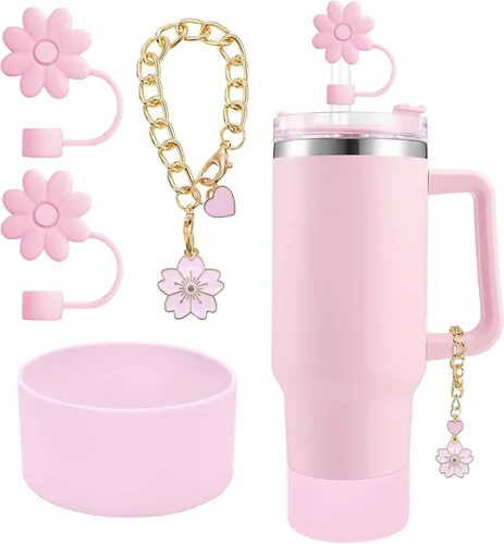 Miniatura 7 de Accesorios para juego de tazas Stanley, 2 tapas de paja de flores reutilizables de 0.394 pulgadas (0.394 in), 1 dije de mango lindo y 1 funda
