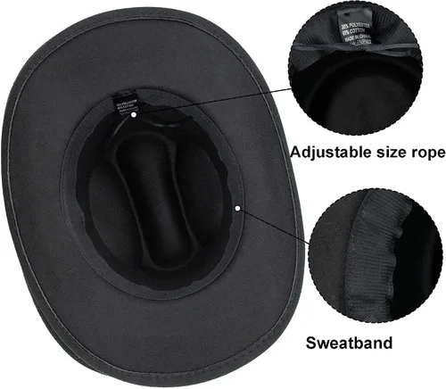 Miniatura 15 de Sombrero de vaquero clásico de fieltro occidental para mujeres y hombres de ala ancha con hebilla de cinturón (tamaño: mediano-grande)
