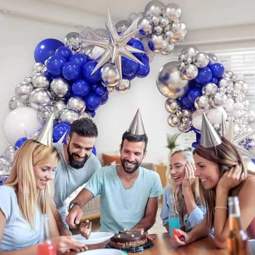 Miniatura 4 de FOTIOMRG Kit de arco de guirnalda de globos azul real y plateado de 131 piezas, globos azul real blanco plateado de confeti para decoraciones