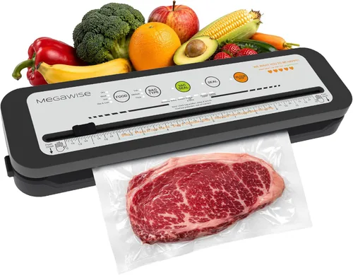 MegaWise Máquina selladora al vacío, sellador de alimentos de 80 kPa con vacío y sellado de un solo toque, cortador y bolsas integrados, 4 modos de