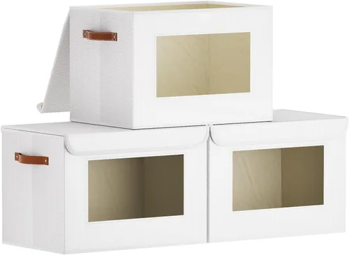 Miniatura 19 de Cesta de almacenamiento de tela con tapa, organizador decorativo de lino para armario, caja de almacenamiento de 15 x 9.8 x 9.8 pulgadas con asas