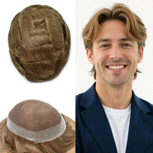Miniatura 72 de Toupee para hombres Sistema de reemplazo de cabello humano real pieza de cabello humano para hombres encaje suizo para hombre Toupee Hair Pieces