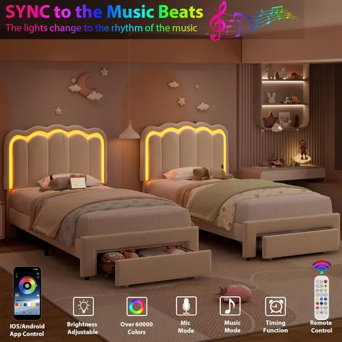 Miniatura 5 de Marco de cama LED tapizado individual con cajón de almacenamiento y cabecera doble ondulada ajustable, cama de plataforma de terciopelo estilo Beige