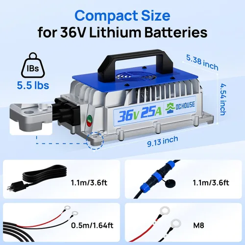 Miniatura 5 de DC HOUSE Cargador de batería de litio de 36 V 25 A, cargador rápido de 900 W, eficiencia de carga ≥ 93%, resistente al agua anticaídas