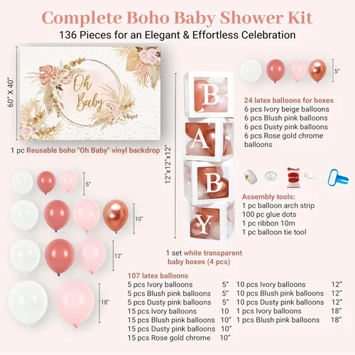 Miniatura 3 de Vidal Crafts - Juego de 136 decoraciones bohemias de baby shower rosa para niña, juego de decoraciones de baby shower con letrero de Oh Baby
