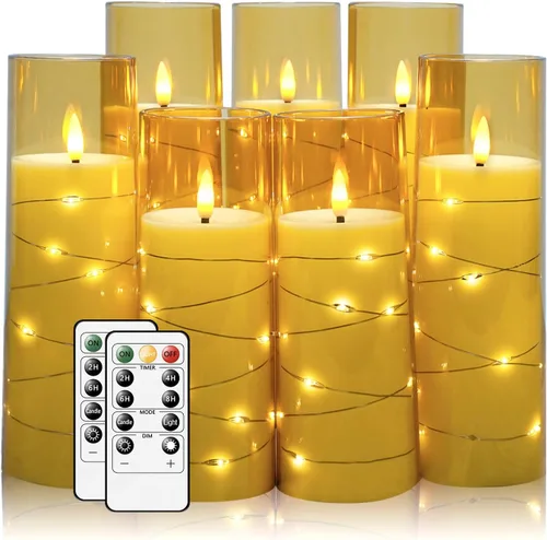 Miniatura 17 de Velas sin llama, con cadena de estrellas incorporada, velas operadas por baterías, velas LED parpadeantes, velas de pilar con control remoto