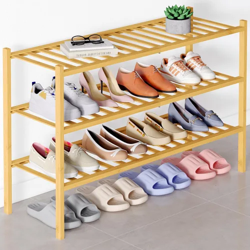 Miniatura 40 de Smiry Zapatero de bambú para clóset, organizador de zapatos apilable de 4 niveles largo de madera, estante de almacenamiento de zapatos Negro