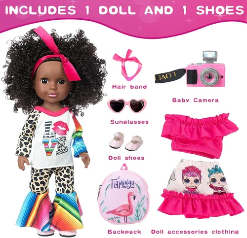 Miniatura 2 de XFEYUE Muñeca negra de 14.5 pulgadas y 2 juegos de accesorios de ropa, muñeca afroamericana para bebé, incluye gafas, cámara, bolsa y zapatos