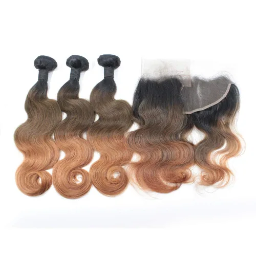 Miniatura 5 de 1B/27 rubio ombre brasileño virgen paquetes con cierres 4pcs lote cuerpo onda 12 con 10 pulgadas ombre encaje cierre con teje pelo