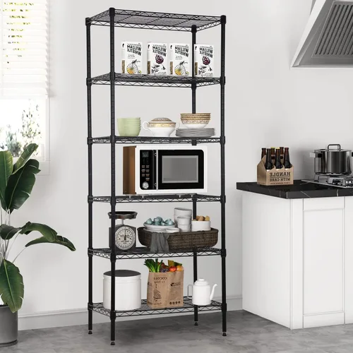 Miniatura 29 de Estantería de alambre de 6 niveles con ruedas, estantes de almacenamiento resistentes, organizador de cocina de garaje NSF, estante de alambre Negro