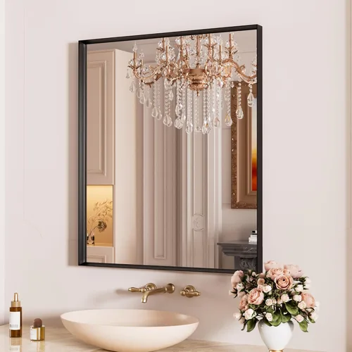 Miniatura 25 de Espejo de baño LED de 60x36 pulgadas con marco negro, espejos de baño retroiluminados y con luz frontal para pared, antiempañamiento, regulable