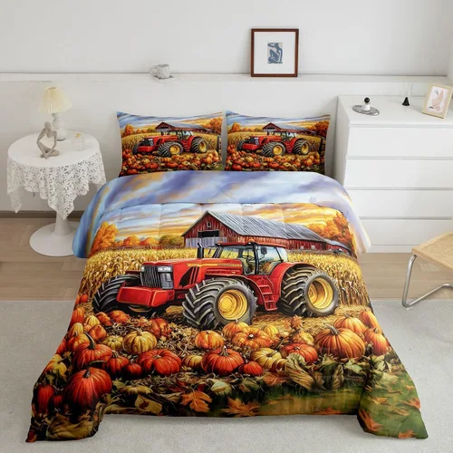 Miniatura 29 de Castle Fairy Juego de edredón de otoño con temática de Acción de Gracias, tamaño individual, juego de ropa de cama de calabaza, girasol, pavo