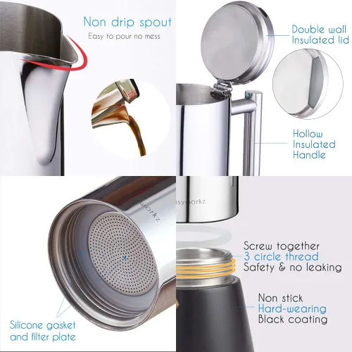 Miniatura 4 de Easyworkz Diego - Cafetera de café expreso de acero inoxidable de 12 tazas de 17.5 onzas, cuchara de café retro de acero inoxidable con mango