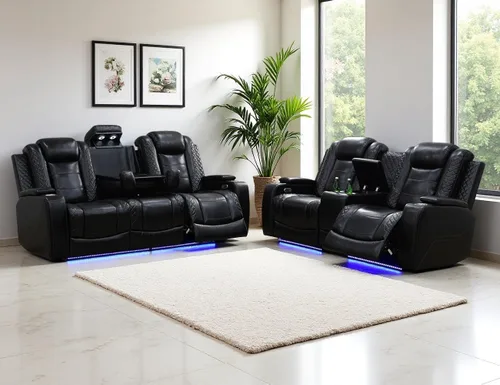 Miniatura 61 de Juego de Sofá Reclinable Eléctrico, Juego de Sofá y Sillón Reclinable de Cuero Negro, Juegos de Muebles de Sala de Estar, Sofá de Dos Plazas