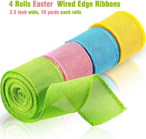 Miniatura 2 de 4 rollos de cintas de arpillera de Pascua con alambre, cinta de borde sólido con alambre, cinta de arpillera, cinta de arpillera con alambre