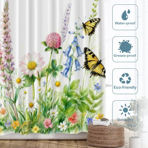 Miniatura 8 de Batmerry Cortina de ducha decorativa botánica con hojas blancas, flores románticas, borde victoriano, libélula y flores silvestres, bonita y ancha