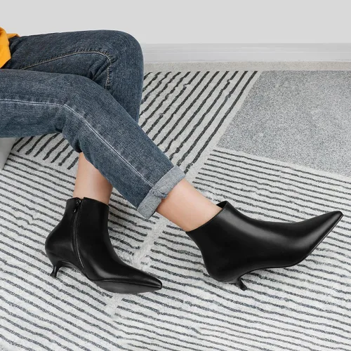 Miniatura 7 de MERUMOTE Botines de cuero para mujer, zapatos de tacón bajo, botines de invierno con cremallera
