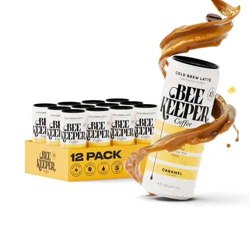 Beekeeper Café Caramel con preparación fría con miel de Oregón | Paquete de 12 bebidas de café helado refrescantes - Café arábica sin azúcar y