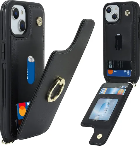 Miniatura 2 de Lipvina Funda para iPhone 13 con tarjetero y correa, cordón cruzado para mujer, bloqueo RFID, soporte de anillo, cierre a presión, bloqueo RFID
