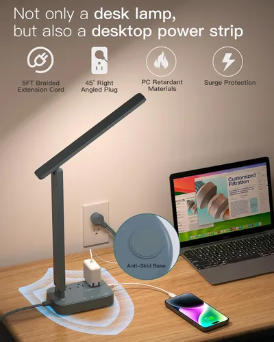 Miniatura 5 de Addtam Lámpara LED de escritorio, tira de alimentación con 3 tomas, 4 puertos de carga USB (2 USBC), 4 modos, lámpara táctil de 5 niveles de brillo