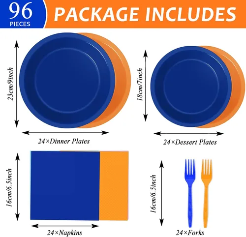 Miniatura 2 de Wiooffen 96 platos de fiesta de cumpleaños naranja y azul, servilletas, suministros de fiesta de guerra de dardos, vajilla desechable de papel