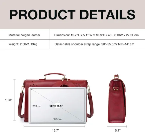Miniatura 28 de ECOSUSI Maletín para mujer, de piel vegana, para el trabajo, bolso de hombro para computadora con lazo desmontable