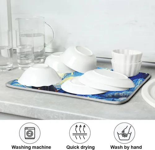 Miniatura 7 de Vnurnrn Tapete de secado nocturno de platos estilo Van Gogh para encimera de cocina, tapete escurridor de platos de microfibra, absorbente de secado