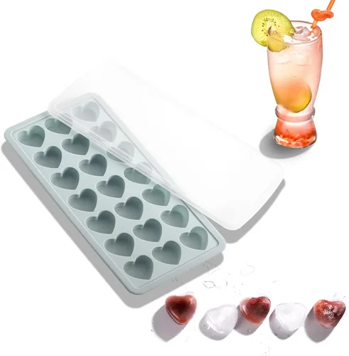 Miniatura 8 de Bandeja de cubitos de hielo en forma de corazón, molde de silicona de 21 agujeros con tapa extraíble flexible para whisky cóctel chocolate Azul