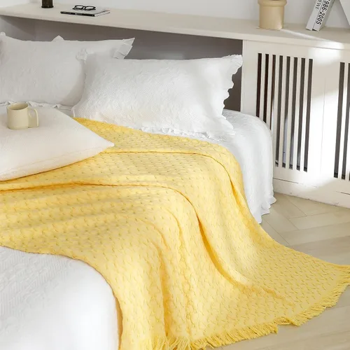 Miniatura 16 de Simple&Opulence Manta 100% algodón para sofá, cama, manta de punto gofre con borlas, suave, ligera, prelavada, transpirable, cómoda, decoración