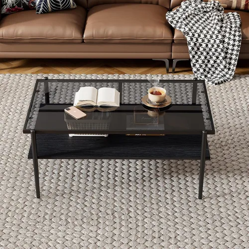 Miniatura 3 de Mesa de centro moderna rectangular con tapa de vidrio templado con estante de madera para el hogar, sala de estar, oficina, tienda o dormitorio