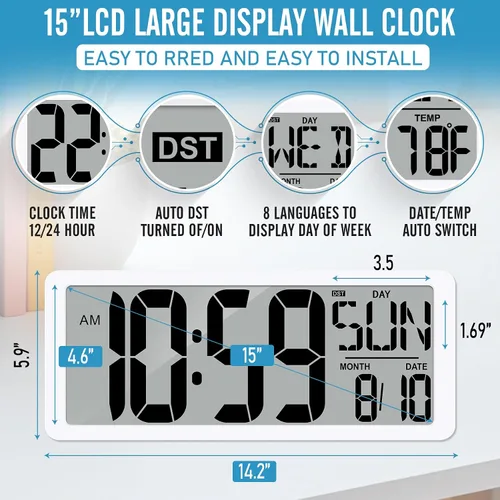 Miniatura 2 de Reloj de pared digital grande de 14.2 pulgadas, funciona con pilas, reloj digital con pantalla grande con día, fecha y temperatura, reloj de pared