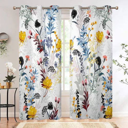 Miniatura 27 de Renaiss - Cortinas opacas florales boho, cortinas de ventana con aislamiento térmico y estampado de flores y plantas bohemias para dormitorio