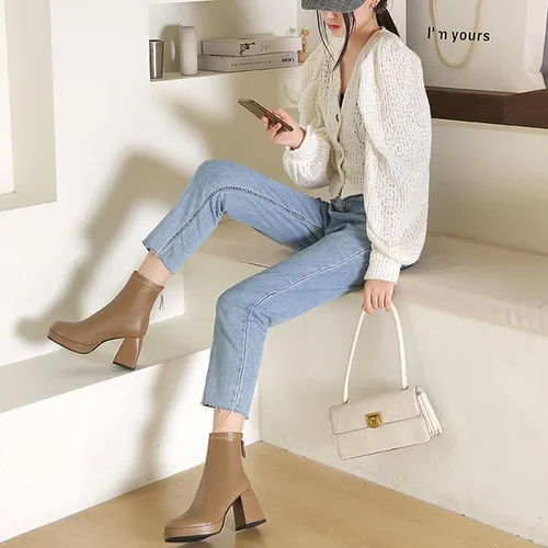 Miniatura 6 de RiceelSor Botines de tacón alto grueso para mujer, con cremallera lateral, punta cuadrada, impermeables, cómodas, con soporte de arco para oficina