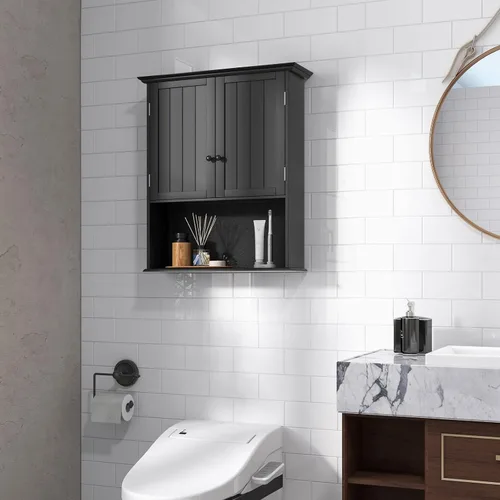 Miniatura 2 de LOKO Armario de pared para baño, botiquín de doble puerta con compartimento abierto y estante ajustable, armario de almacenamiento montado