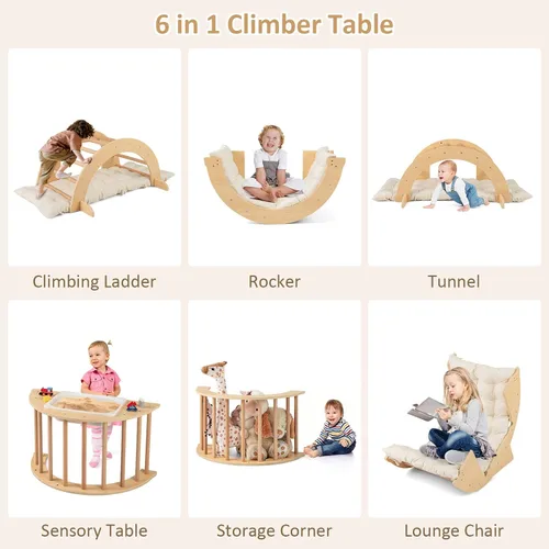 Miniatura 2 de INFANS Balancín de madera para escalar arco con cojín suave, 6 en 1, juguetes Montessori de escalada para niños pequeños, mesa Waldorf