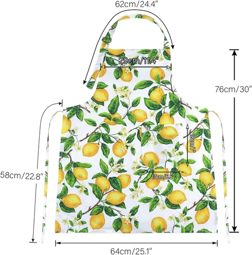 Miniatura 2 de G2PLUS Delantal de cocina de algodón con bolsillos, delantal grueso de limón, delantal de cocina ajustable para hornear, delantal de chef