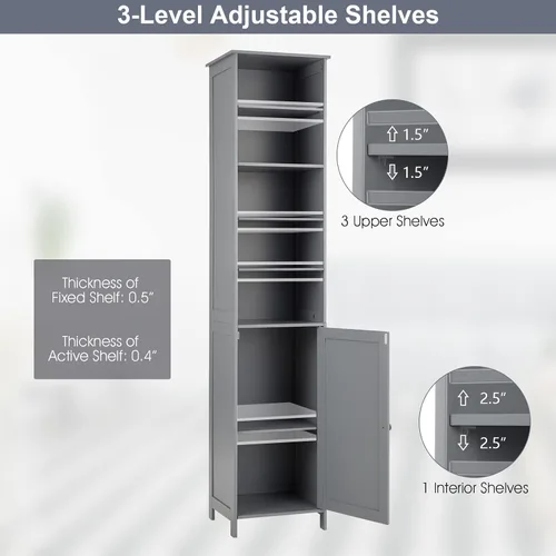 Miniatura 6 de COSTWAY Armario de almacenamiento alto, armario de piso de madera con estantes ajustables de 3 niveles, puerta y perilla convenientes, organizador