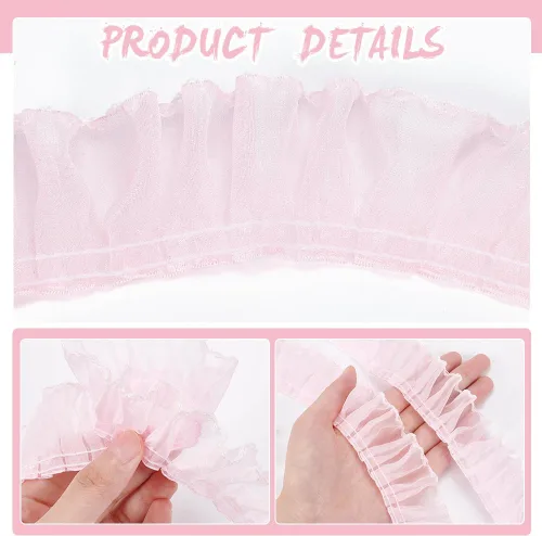Miniatura 4 de BENECREAT Cinta de encaje plisada de poliéster de 8 yardas, 1.57 pulgadas de ancho, color rosa con borde blanco, cinta de encaje con volantes