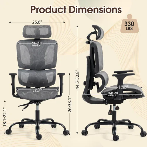 Miniatura 3 de Silla de oficina ergonómica con soporte lumbar ajustable, reposabrazos y reposacabezas 3D, silla reclinable de 135° con base de acero grande, silla