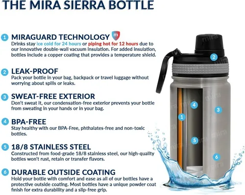 Miniatura 6 de MIRA Botella de agua de acero inoxidable para niños, 12 onzas – Termo de metal que mantiene el frío durante 24 horas, caliente durante 12 horas
