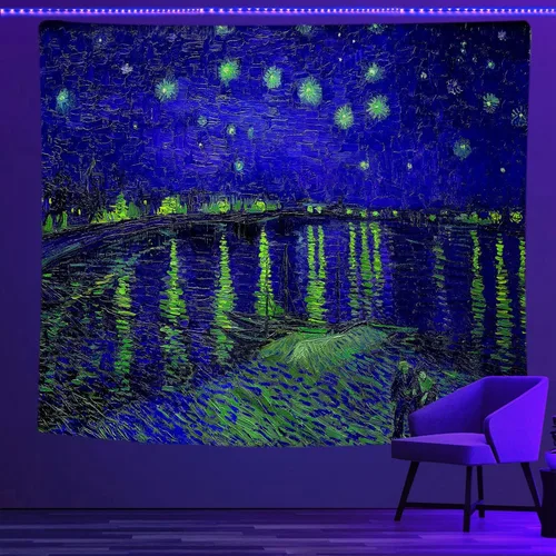 Miniatura 8 de PSYHILAR Van Gogh Tapiz UV Luz Negra para Dormitorio, Telón de Fondo Noche Estrellada Pósteres de Luz Negra para Adultos y Adolescentes
