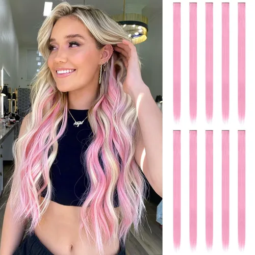 Miniatura 16 de FESHFEN Extensiones de cabello con clip de colores, 16 piezas de 8 colores resaltados, piezas de cabello sintético lacio con clip para mujer, 22