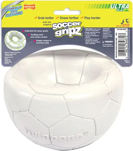Miniatura 7 de Nylabone Power Play Gripz Pelota de fútbol de fieltro con cuerda de agarre de goma, pelota con pito para perros, mediana (1 unidad)
