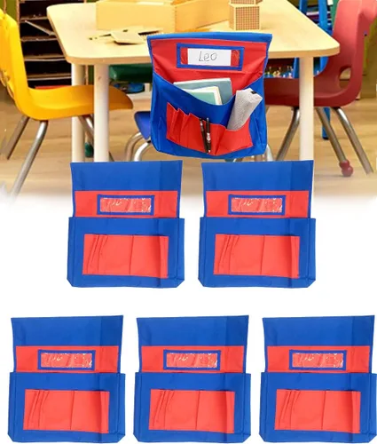5 bolsillos organizadores para silla con ranura para etiqueta de nombre, bolsa de almacenamiento colgante para asiento de aula para niños, para